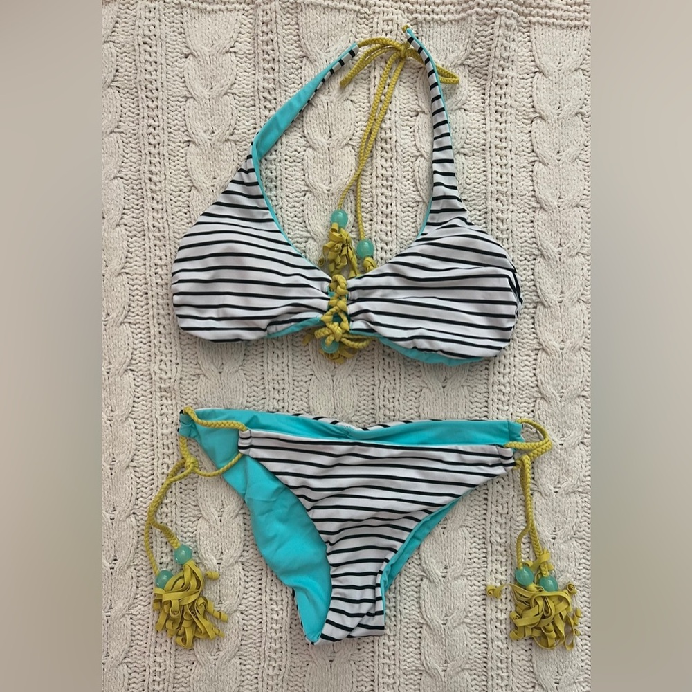 Reversible 2 piece bikini set, black/white stripes, turquoise w/yellow braids